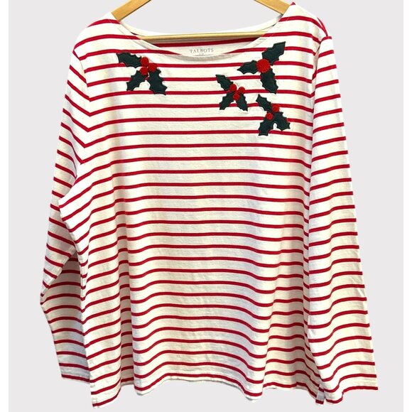 NWOT Talbots Plus Size 3X Holiday Striped Embroidered Holly Top Christmas Shirt - Picture 1 of 4